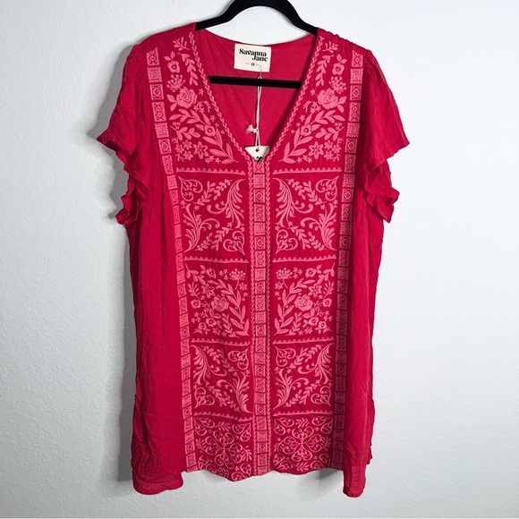 Savanna Jane Dress Women 2X Floral Embroidered Red Sheath Boho V - Picture 1 of 6